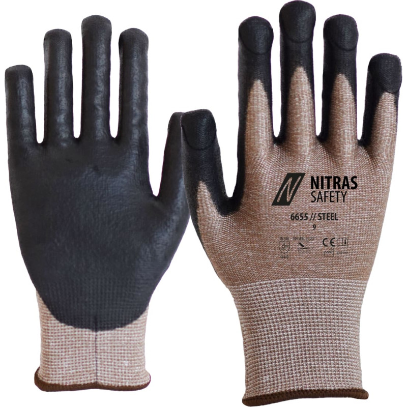Nitras STEEL, griešanas un caurduršanas aizsargcimdi, brūni/melni;, EN 388, DIN SPEC 91365