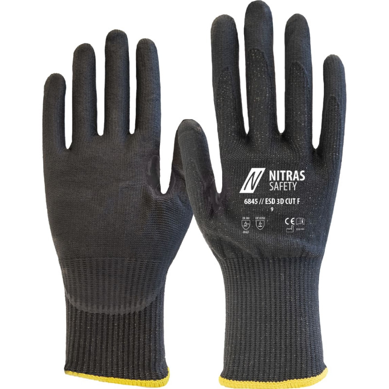 Nitras ESD 3D CUT F, aizsargcimdi pret griezumiem, melni, EN ISO 21420, EN 388, OEKO-TEX