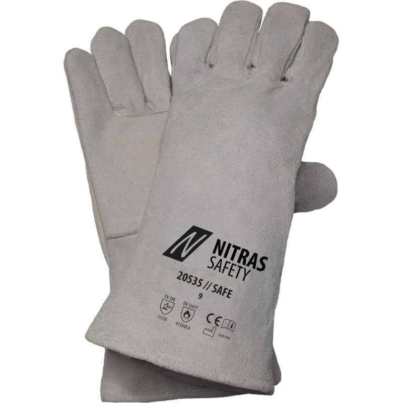 Nitras SAFE, piecu pirkstu metināšanas cimdi, pelēki, EN 388, EN 12478