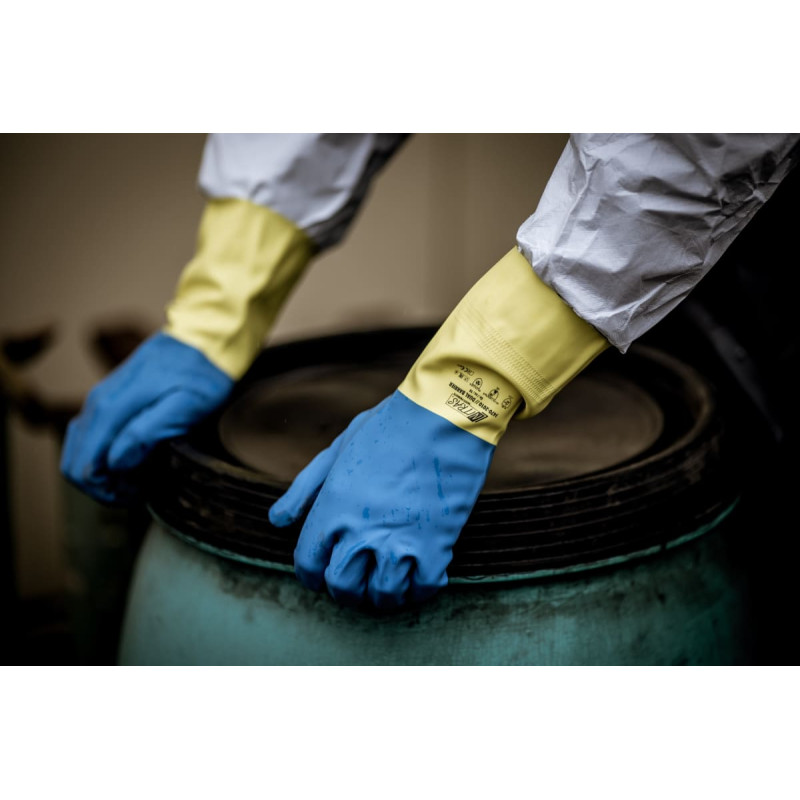 Nitras DUAL BARRIER, ķīmiskie aizsargcimdi, dzeltens/zils, EN 388, EN ISO 374