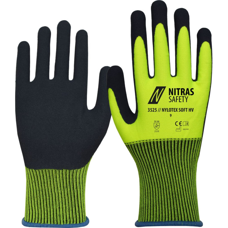 Nitras NYLOTEX SOFT HV, montāžas cimdi, neona dzeltens / tumši zils, EN 388