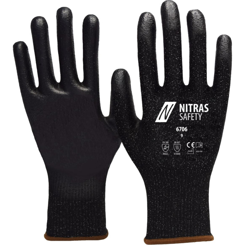 Nitras griešanas aizsargcimdi, melni/melni, EN 388, EN 407