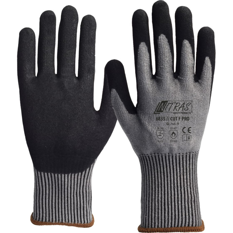 Nitras CUT F PRO, pret griezumu aizsargcimdi, pelēks/melns, EN 388, EN 407, OEKO-TEX