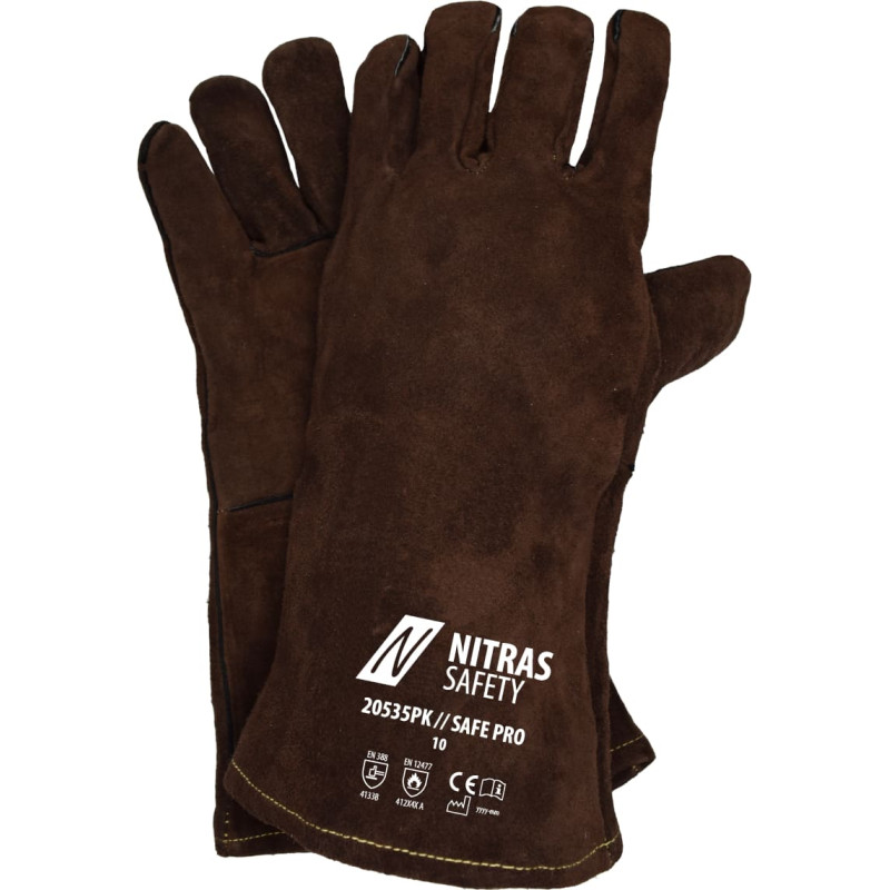 Nitras SAFE PRO, piecu pirkstu metināšanas cimdi brūni, EN 388, EN 12477