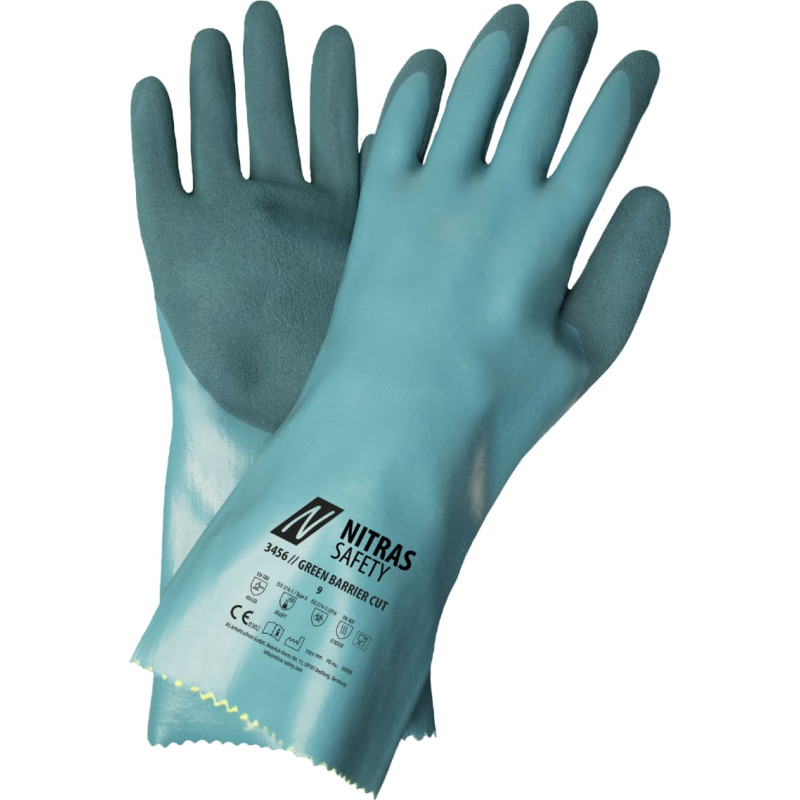 Nitras GREEN BARRIER CUT, ķīmiskās aizsardzības cimdi, benzīns, EN 388, EN ISO 374, EN 407