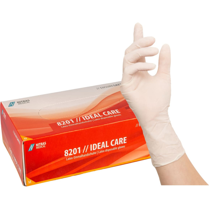 Nitras IDEAL CARE, lateksa vienreizlietojamie cimdi, balti, kastīte pa 100 gab.