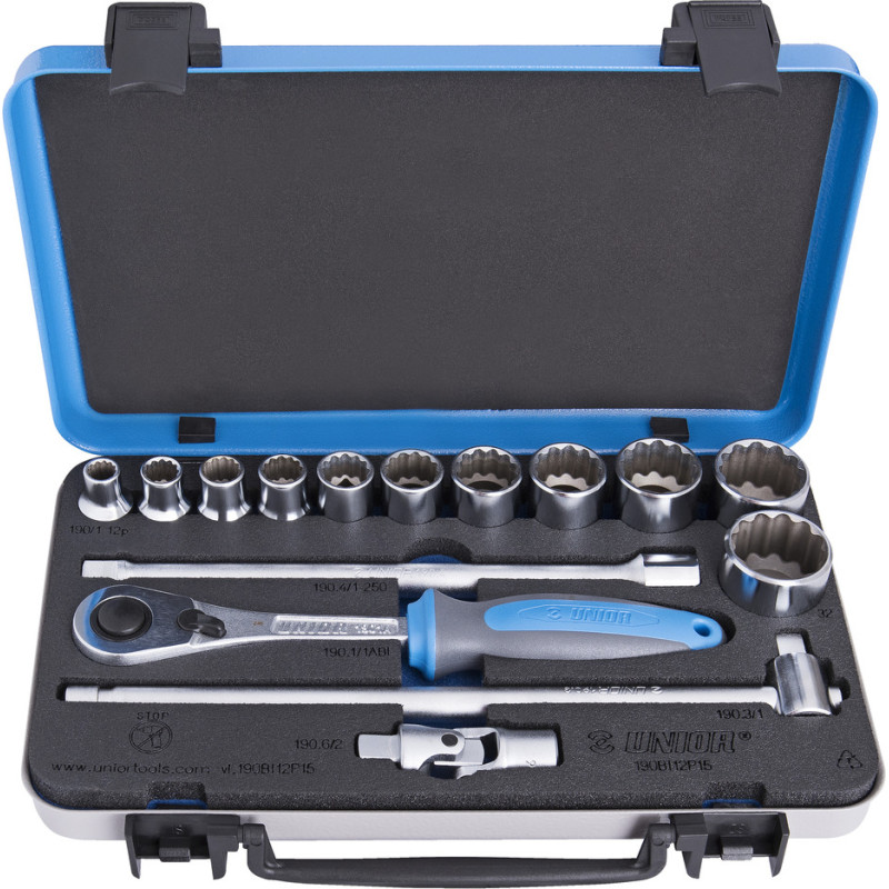 Unior 190BI12P15 Muciņu 12-k komplekts 1/2 metāla kastē 10-32mm (15 gab.)