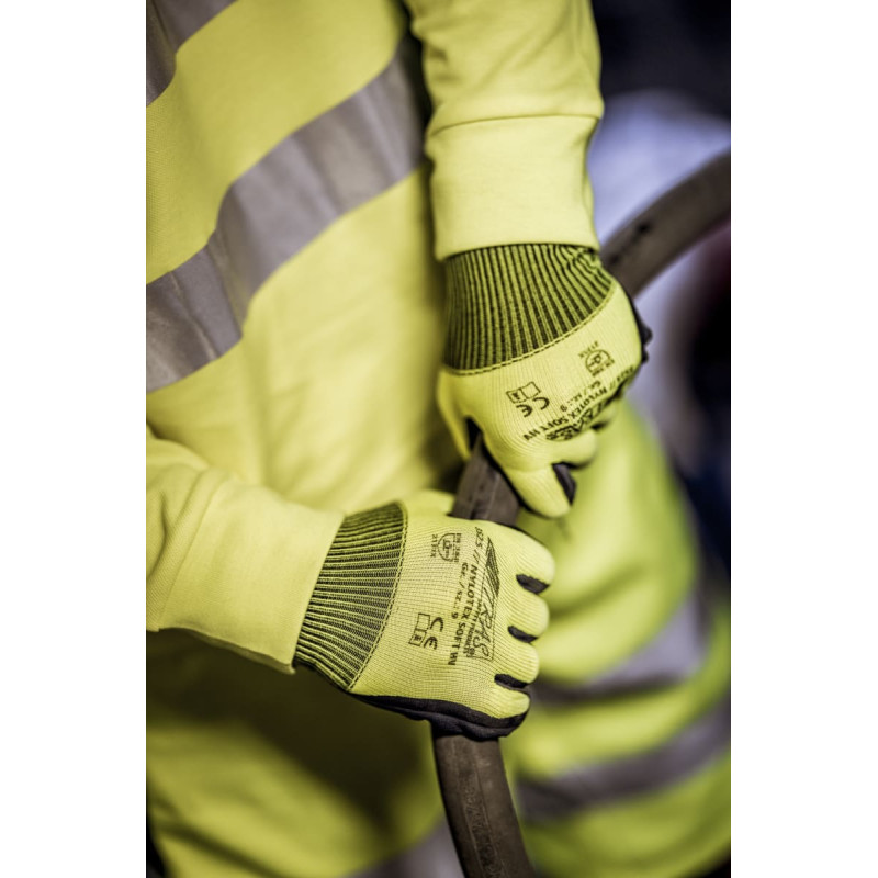 Nitras NYLOTEX SOFT HV, montāžas cimdi, neona dzeltens / tumši zils, EN 388