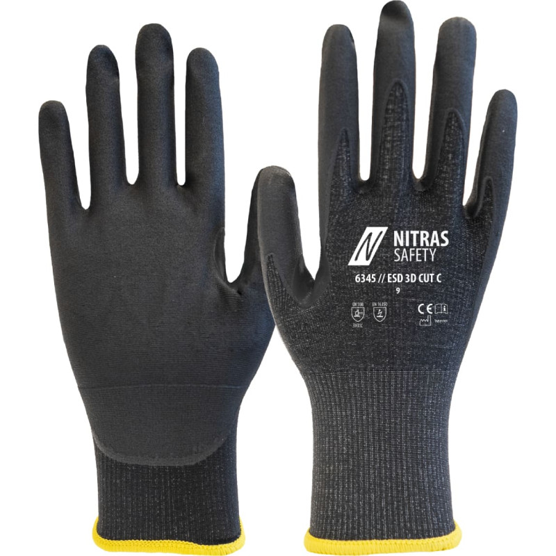 Nitras ESD 3D CUT C, griešanas aizsargcimdi, antracīts/melns, EN ISO 21420, EN 388, OEKO-TEX