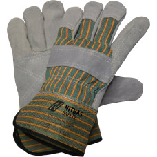 Nitras SPLIT MASTER PRO, govs šķeltas ādas cimdi, kokvilnas mugura, zaļa / sarkana / dzeltensvītra / pelēka, EN 388