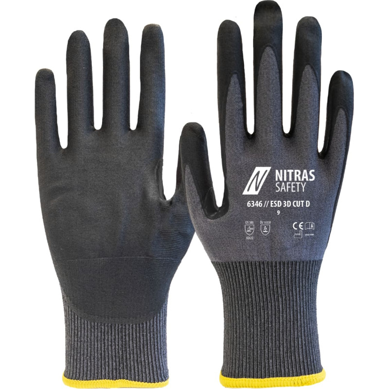 Nitras ESD 3D CUT D, griešanas aizsargcimdi, pelēks/melns, EN ISO 21420, EN 388, OEKO-TEX
