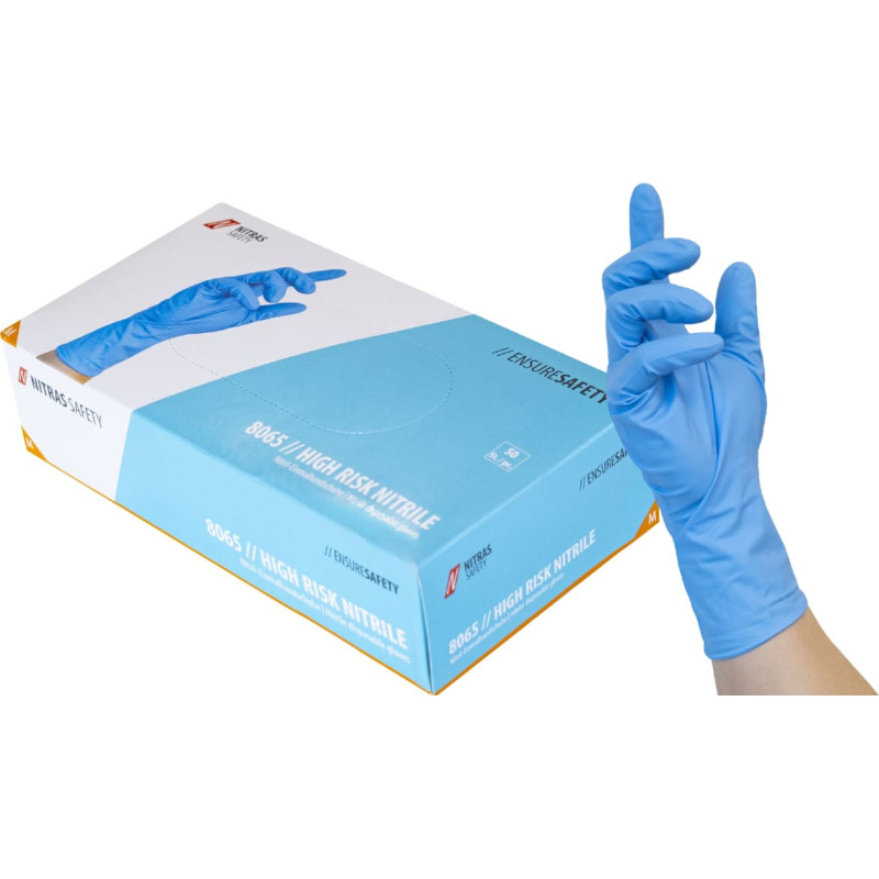Nitras AUGSTA RISKA NITRILS, nitrila vienreizlietojamie cimdi, zili, EN ISO 374, EN 388, EN ISO 21420, AQL 0,65, kaste pa 45 gab