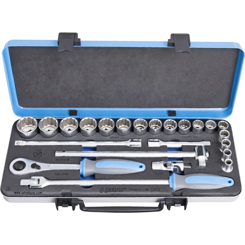 Unior 190BI12P23IN Muciņu komplekts 1/2 metāla kastē 3/8 - 1 1/4