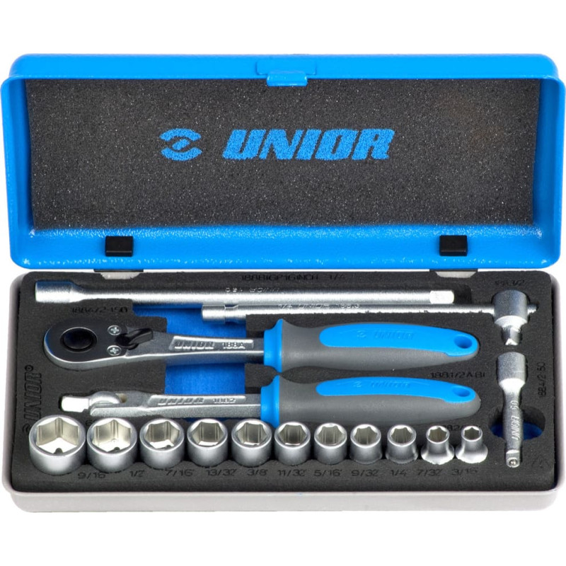 Unior 188BI6P16INCH Muciņu komplekts 1/4 metāla kastē 3/16-9/16/16