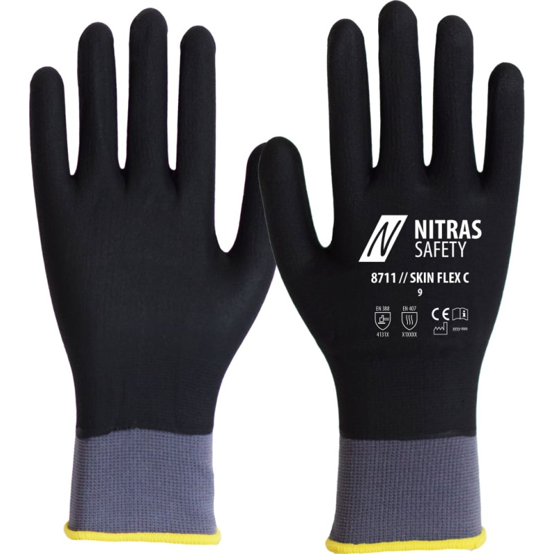 Nitras SKIN FLEX 3D, montāžas cimdi, pelēks/melns, EN 388, EN 407, OEKO-TEX