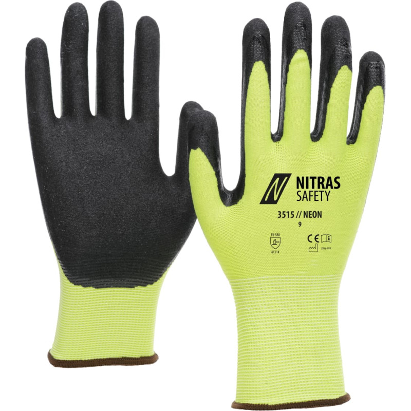 Nitras NEON, poliestera cimdi, neona dzeltens/melns, EN 388