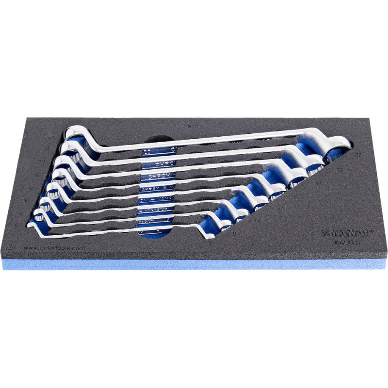 Unior Set of offset ring wrenches in SOS tool tray